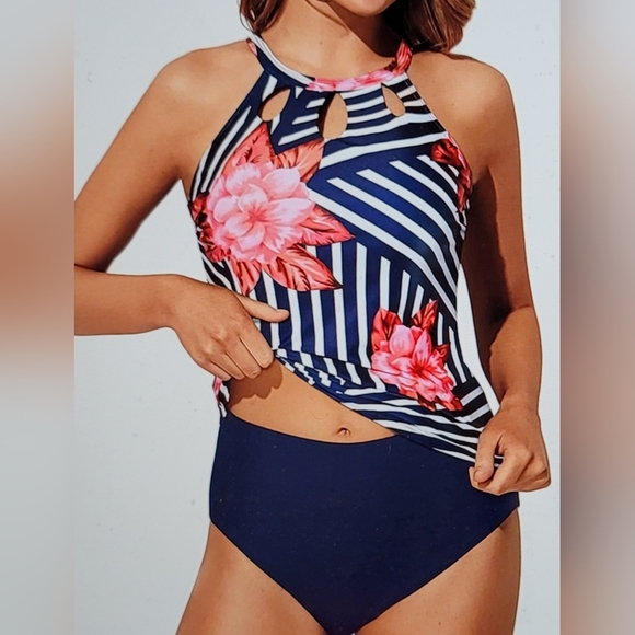 NWT tear drop cut out padded A line high waisted padded tankini large swim suit - Picture 4 of 13